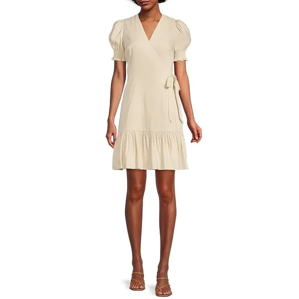 Antonio Melani Solid Red Linen Surplice V-Neck Short Puff Sleeve Wrap Tie Dress - Picture 2 of 15